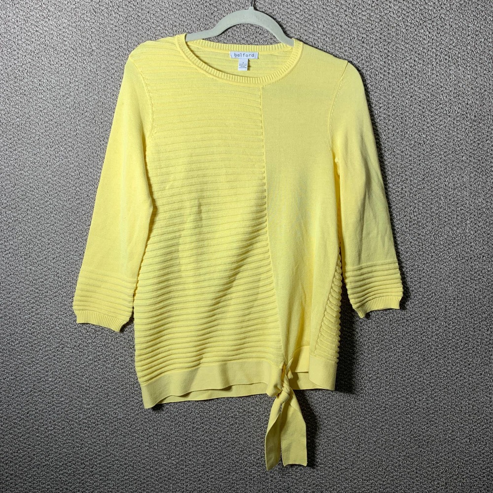 Belford Womens‎ Sweater Size Small Yellow Pima Cotton Tie Hem Ribbed 3/4 Sleeves